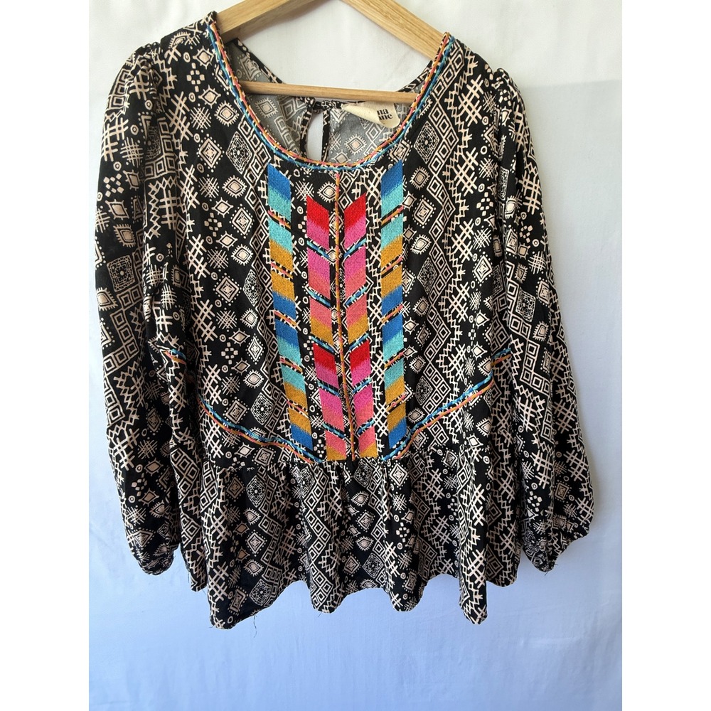 Savanna Jane Black Tribal Print Embroidered Peplum Blouse Top 1X PT10073 - Picture 2 of 8